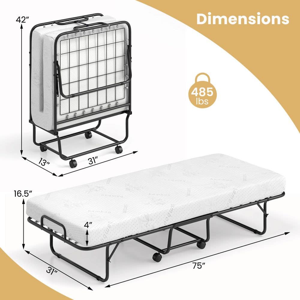 White Twin Rollaway Bed with Memory Foam Mattress Cot Guest Made in Italy Folding - thumbnail 7