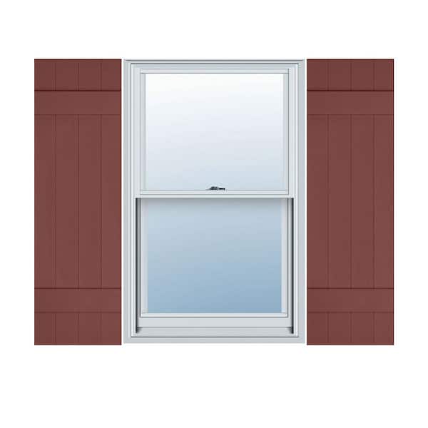 Ekena Millwork 14 in. x 38 in. Lifetime Vinyl Custom Four Board Joined Board and Batten Shutters Pair Burgundy Red
