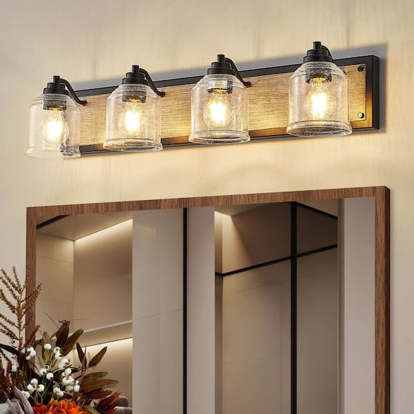GMGSROM 32 in. 4-Light Black/Gray Farmhouse Bathroom Vanity Light with Bubble Glass Shades