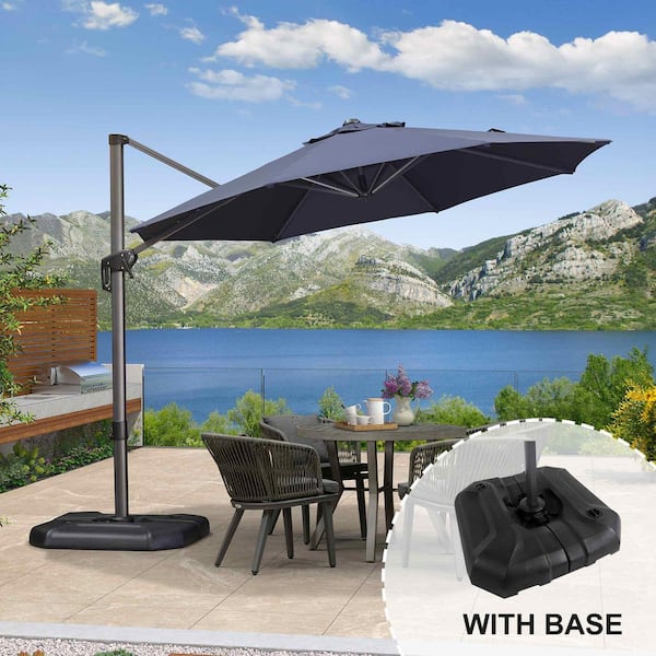 PURPLE LEAF 10 ft. Octagon Aluminum Outdoor Patio Cantilever Umbrella Offset 360° Rotation Umbrella with Base, Navy Blue