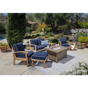 Indonesian Teak 6-Piece Loveseat & Fire Table Patio Conversation Set with Navy Sunbrella Cushions