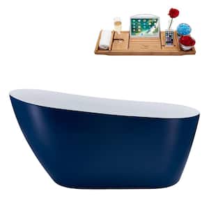 59 in. Acrylic Flatbottom Non-Whirlpool Bathtub in Matte Dark Blue With Brushed Nickel Drain