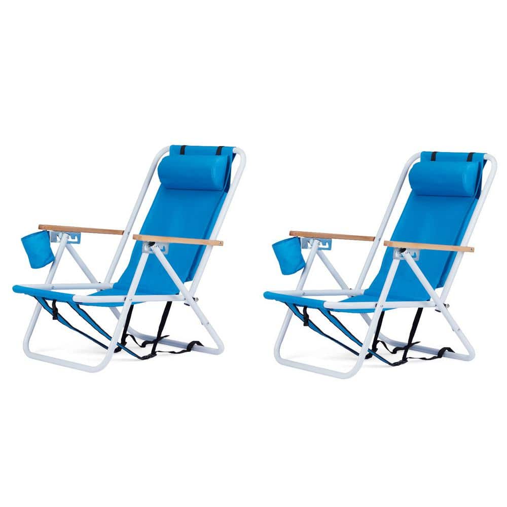 Blue Steel Folding Beach Armchair Set with Wooden Armrests