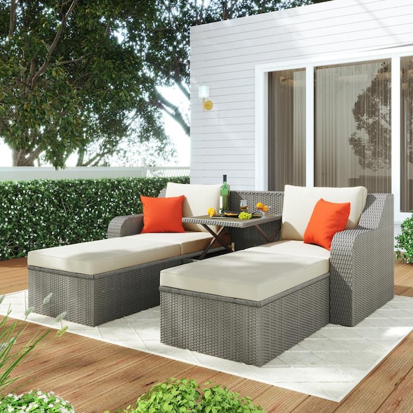 Unbranded U Shaped Set of 3 PE Wicker Patio Outdoor Chaise Lounge Chairs with and Lift Coffee Table White Cushions and Pillows