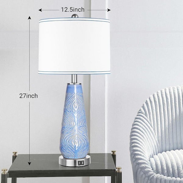 Jushua 27 in. H Blue Art Ceramic Bedside Lamps with Linen Shade