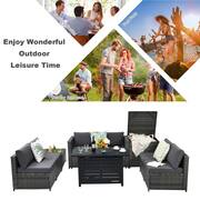 9-Pieces Rattan Dinning Set Wicker Patio Conversation Set w/60000 BTU Propane Fire Pit and Grey Cushions