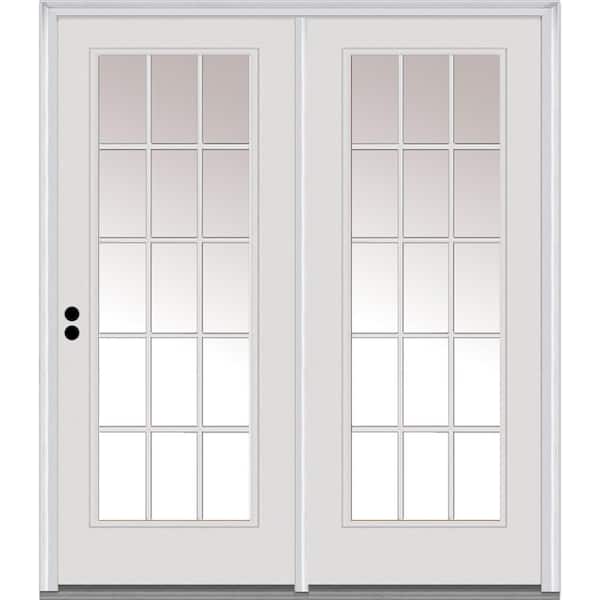 64 in. x 80 in. Primed Right-Hand/Inswing Steel 15 Lite Clear Glass Center-Hinged Patio Door with Sliding Screen