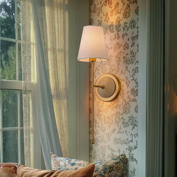 Charles 7.87 in. 1-Light Gold Wall Sconce with White Fabric Shade