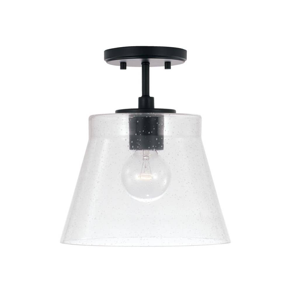Matte Black Single Pendant Light with Clear Seeded Glass Shade