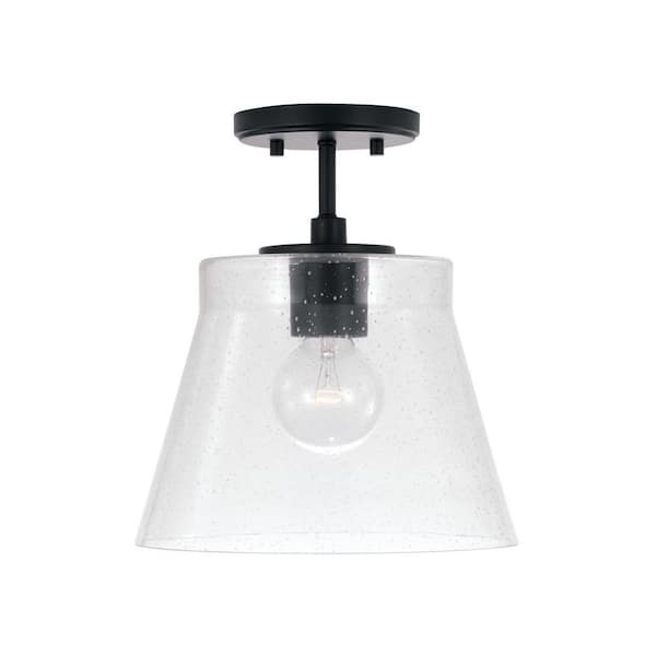 HOMEPLACE LIGHTING Baker 10.5 in. W x 11 in. H 1-Light Small Pendant in Matte Black with Clear Seeded Glass