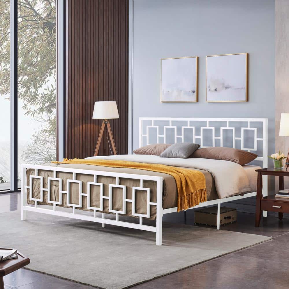 Noble House Krystin Modern King-Size Iron Bed Frame, White