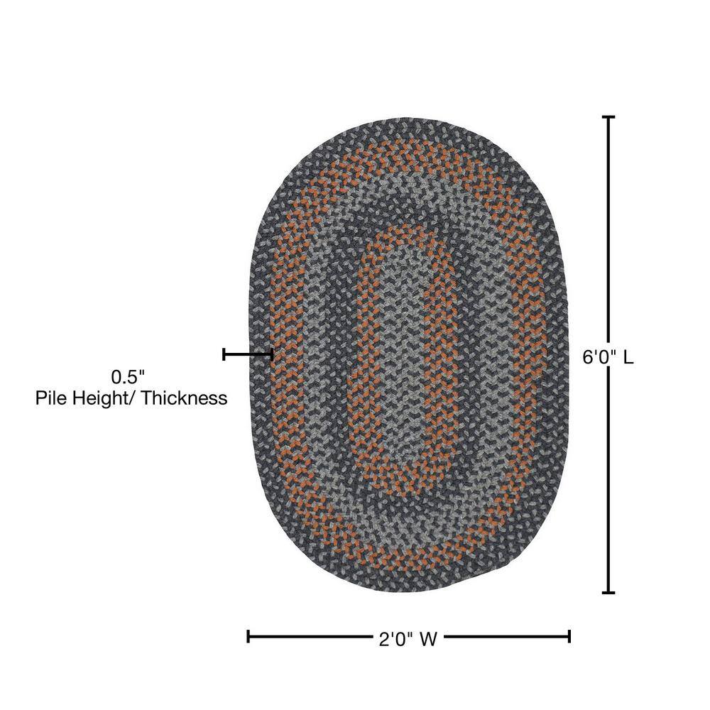 Charcoal & Orange Braided Wool Oval Runner Rug 2'x6'