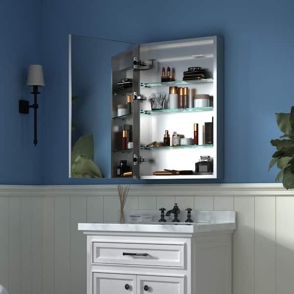 20 in. W x 32 in. H Rectangular Silver Aluminum Recessed/Surface Mount Left Medicine Cabinet with Mirror and LED