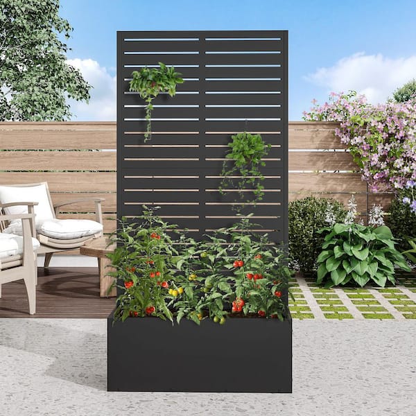 47 in. H x 24 in. W Rectanglar Black Outdoor Metal Privacy Screen Planter Box Wall Decor