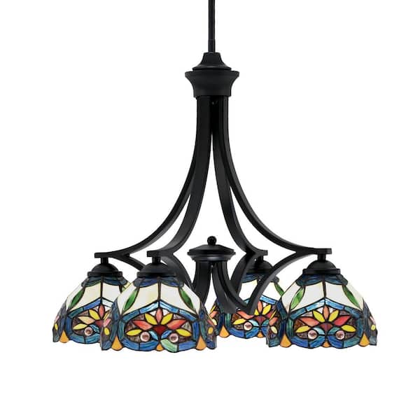 Unbranded Clevelend 4-Light Matte Black Chandelier, Round Chandelier with 7 in. Pavo Art Glass Glass Shades, No bulbs included