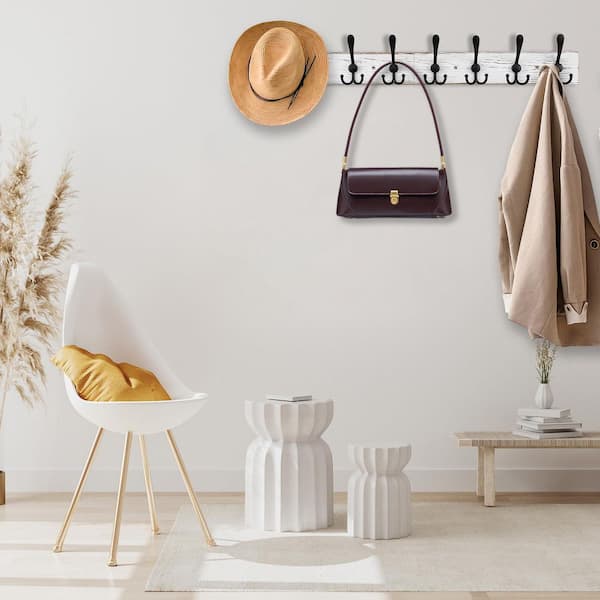 32.2 in. Large Old White Wood Wall Mounted Coat Rack with 8 Metal Black Triple-Hooks, Coat Hooks for Hanging Coat Hat