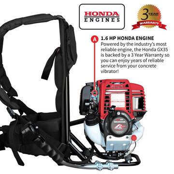 Tomahawk Power 1.6 HP Honda Concrete Vibrator with 10 ft. Flex Shaft Cable Whip 2 in. Head Backpack TVIBH + TVW10-P2