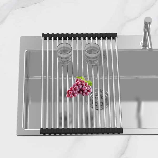 Black Expandable Roll Up Dish Rack, Over The Sink Drying Rack, Kitchen Sink Accessories, Stainless Steel Drainer