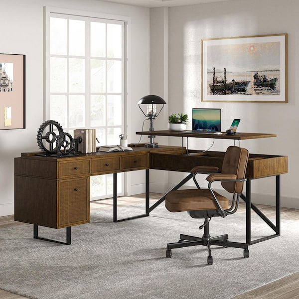 JAYDEN CREATION Elmar 71 in. L-Shape Walnut Lift Top Writing Desk
