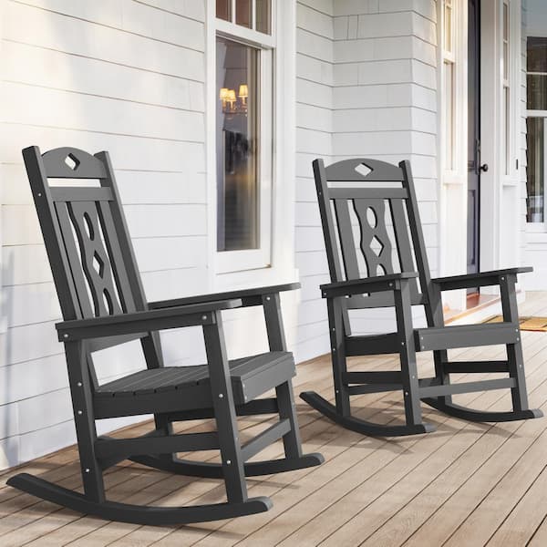 LUE BONA Oreo Classic Dark Gray Recycled Plastic PolyWood Weather-Resistant Adirondack Porch Rocker Patio Outdoor Rocking Chair
