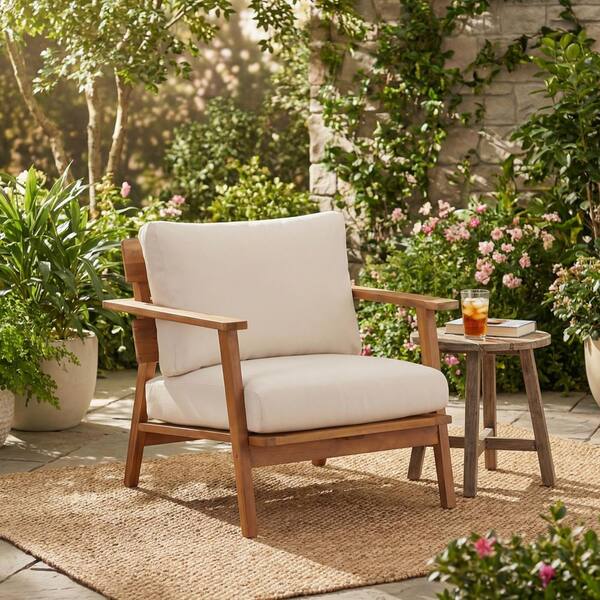 Tony Acacia Wood Patio Outdoor Lounge Chairs with Light Teak+Beige (Set of 1)