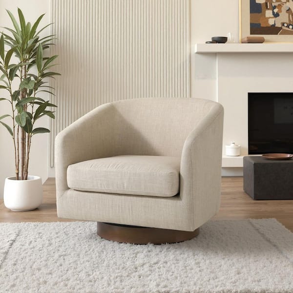 Light Brown Linen Upholstered 360° Swivel Arm Chair With Wood Base (Set of 1)