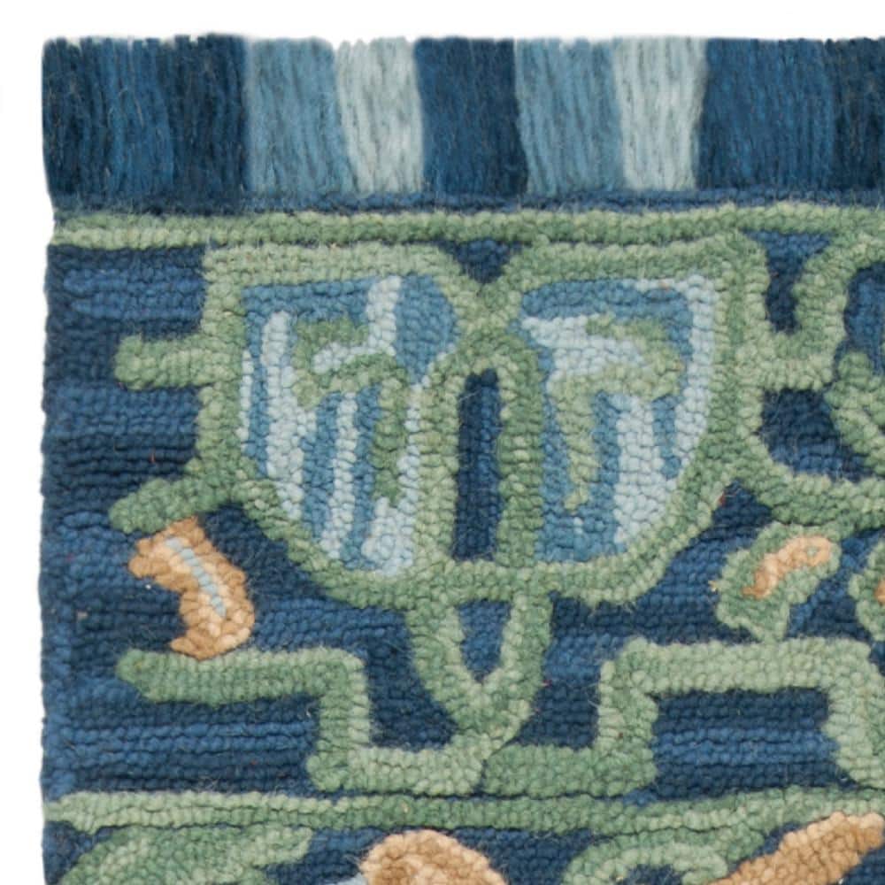 Handmade Blue and Green Floral Wool Runner Rug, 2'3" x 8'