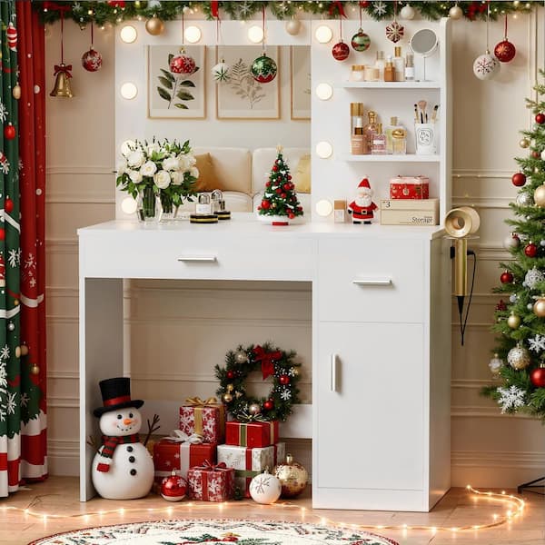 Vanity Desk with Lighted Mirror & Power Outlet, Makeup Vanity with Drawer & Cabinet White