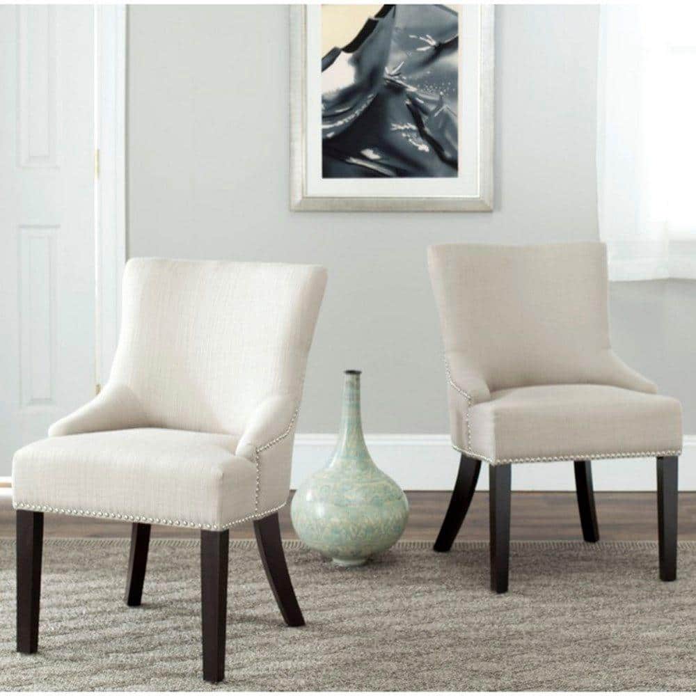 Beige Linen Upholstered Parsons Side Chair with Wood Legs