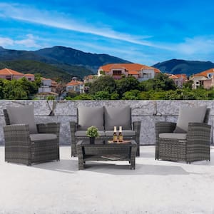 4-Piece Wicker Patio Conversation Set with Gray Cushions