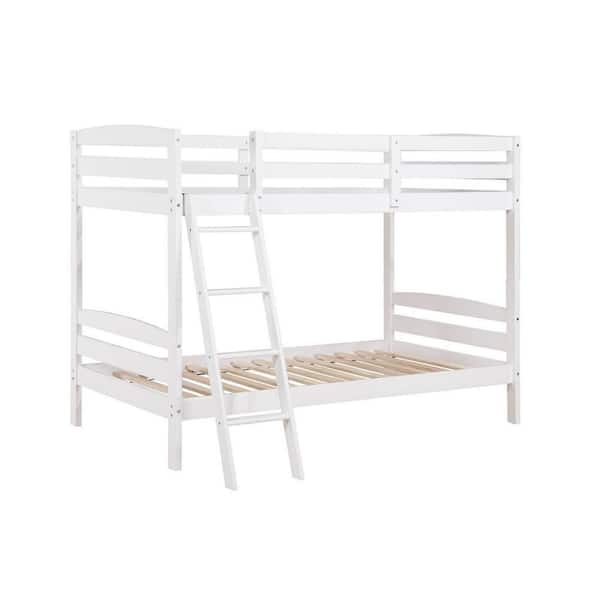 Hina White Twin Bunk Bed with Angled Ladder and Sturdy Slat Design