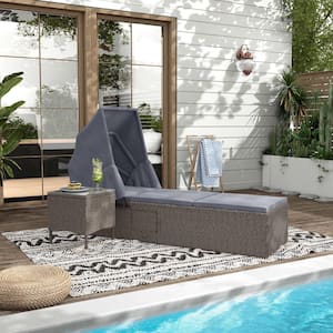 Eira Gray 2-Piece Wicker Outdoor Reclining Chaise Lounge with Capony, Gray Cushions and Table Set