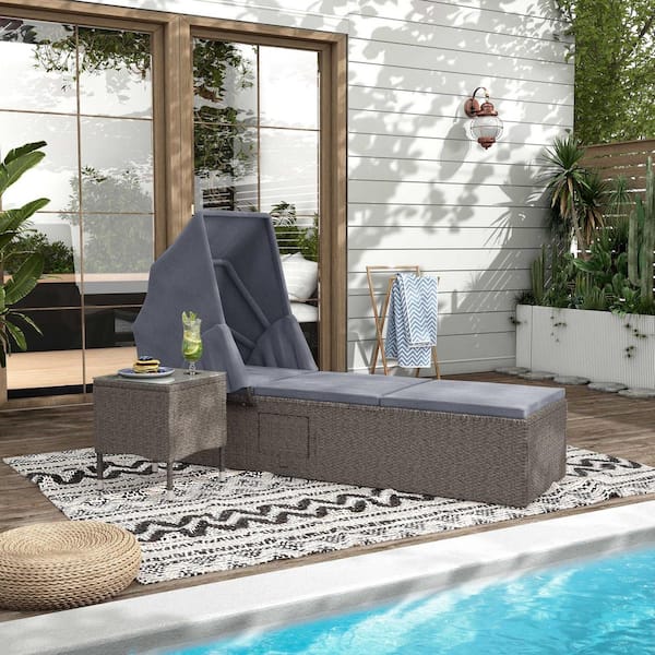MUSE & LOUNGE Eira Gray 2-Piece Wicker Outdoor Reclining Chaise Lounge with Capony, Gray Cushions and Table Set