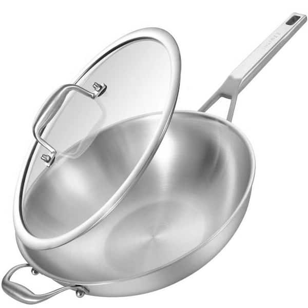 Large 13 in. Silver Stainless Steel Induction Wok with Lid, Tri-Ply Construction, Works on All Stovetops