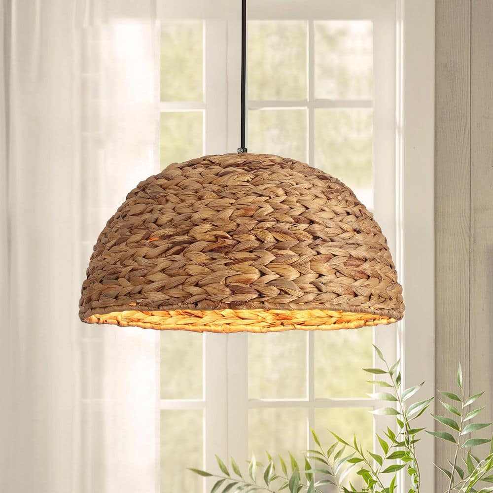 1-Light Natural Color Bohemian Hand-Woven Rattan Hanging Pendant Light