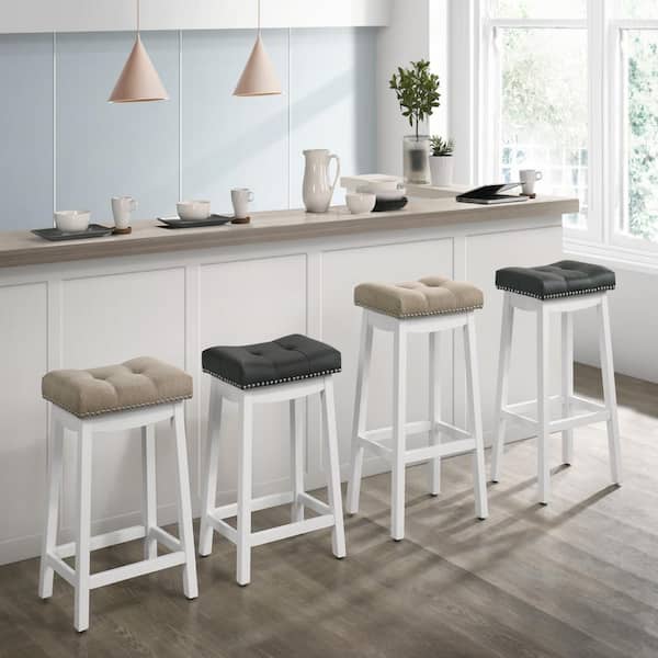 LuXeo Barstow 29 in. White Bar Stools with Beige/Tan fabric cushion (Set of 2)
