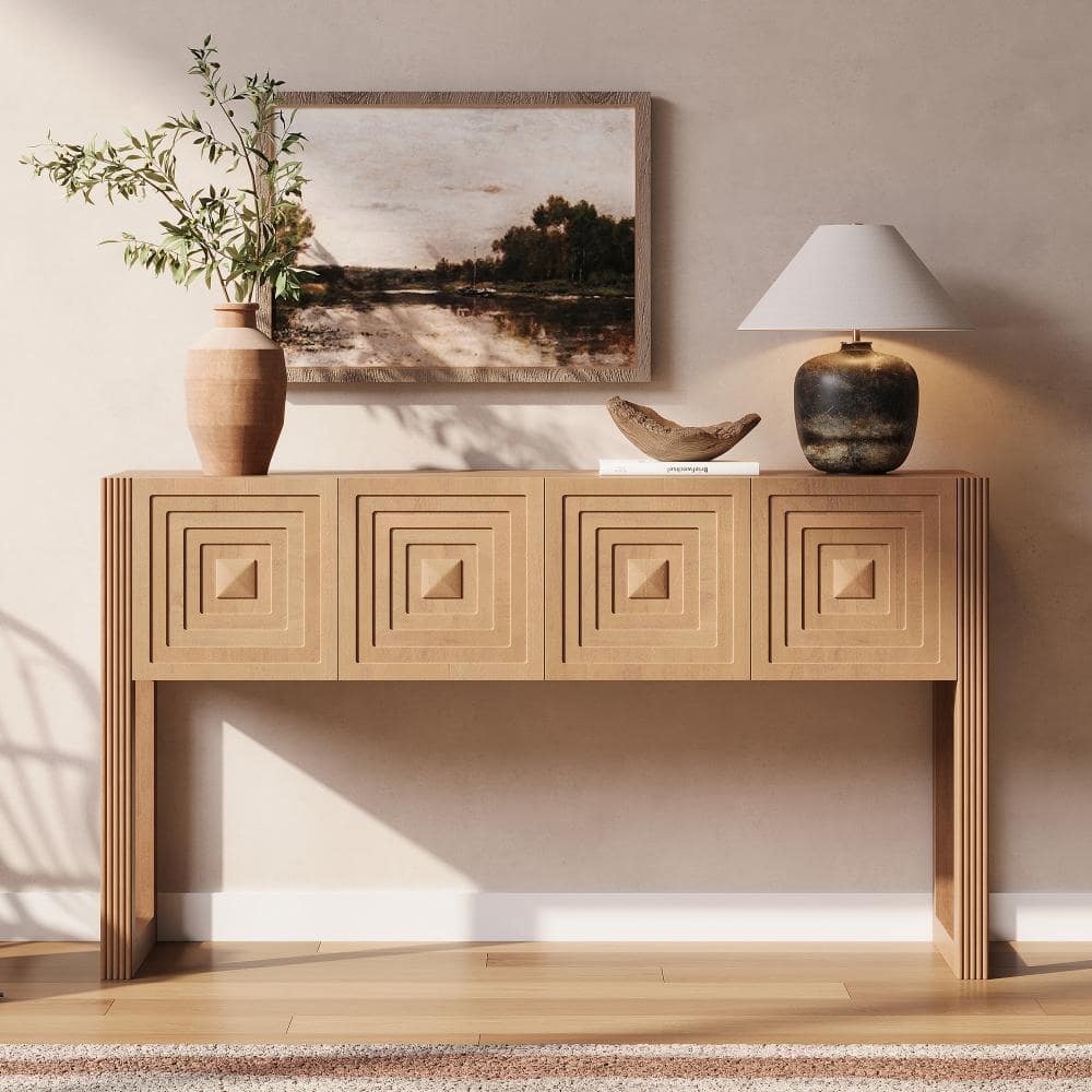 54.9 in. Light Brown Geometric Carved Console Table with 3 Soft Close Drawers and Fluted Leg Detailing price history on PriceWatchPro