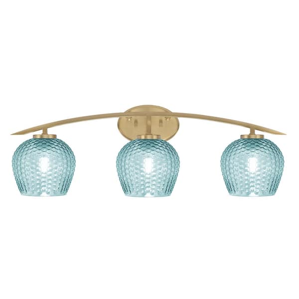 Unbranded Siena 29 in. 3-Light Vanity Light New Age Brass with Turquoise Textured Glass Shades