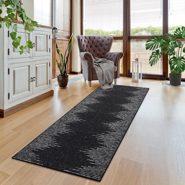 Washable Black 2 ft. x 6 ft. Modern Striped Printed Rug Low Pile Soft Thin Carpet Stain Resistant Non-Slip Area Rug