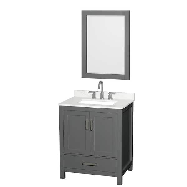 Wyndham Collection Sheffield 30 in. W x 22 in. D x 35 in. H Single Bath Vanity in Dark Gray with Giotto Quartz Top and 24 in. Mirror