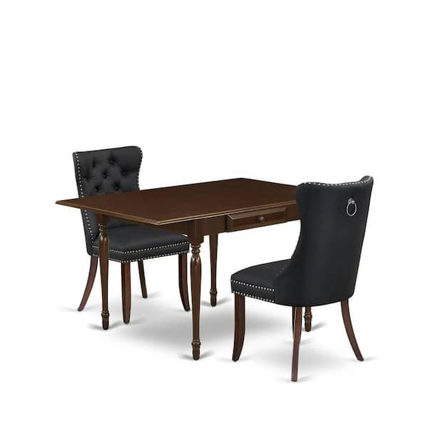 East West Furniture 3-Piece Mahogany Finish Rectangular Solid Wood Top with Dropleaf Dining Table Set