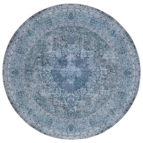 SAFAVIEH Tucson Blue/Gray 6 ft. x 6 ft. Machine Washable Border Floral Medallion Round Area Rug