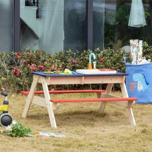 Kids Sand and Water Table, Picnic Table and Bench Set with Sandbox, Water Circulation Faucet