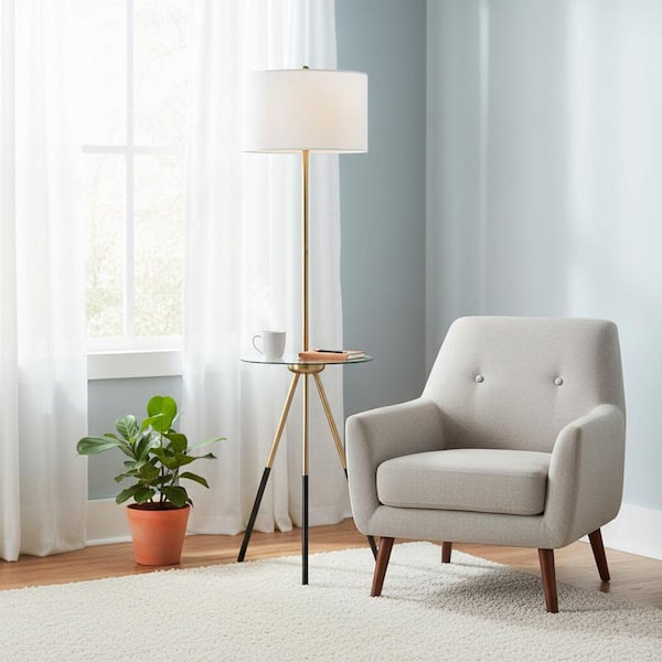 62.5 in. H Myra Tripod Mid-Century Modern Floor Lamp with Glass Table, Gold/Black