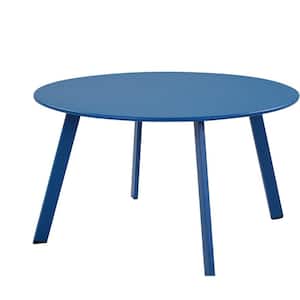 Peacock Blue Round Metal Outdoor Coffee Table, Weather Resistant Large Side Table for Balcony, Porch, Deck, Poolside