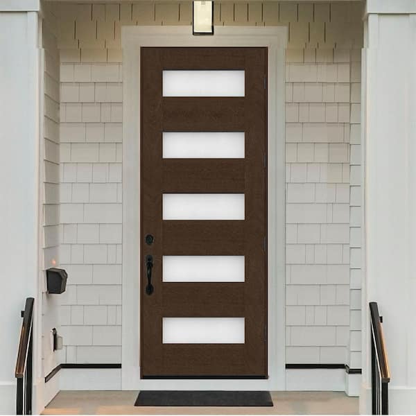 Regency 36 in. x 96 in. 5L Modern LHOS Frosted Glass Hickory-Stained Fiberglass Prehung Front Door