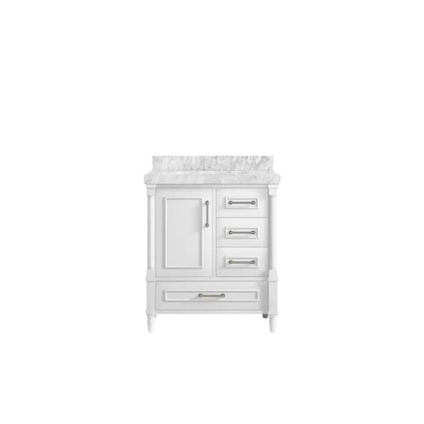 Willow Collections Hudson 30 in. W x 22 in. D x 36 in. H Bath Vanity in White with 2 in. Carrara Marble Top