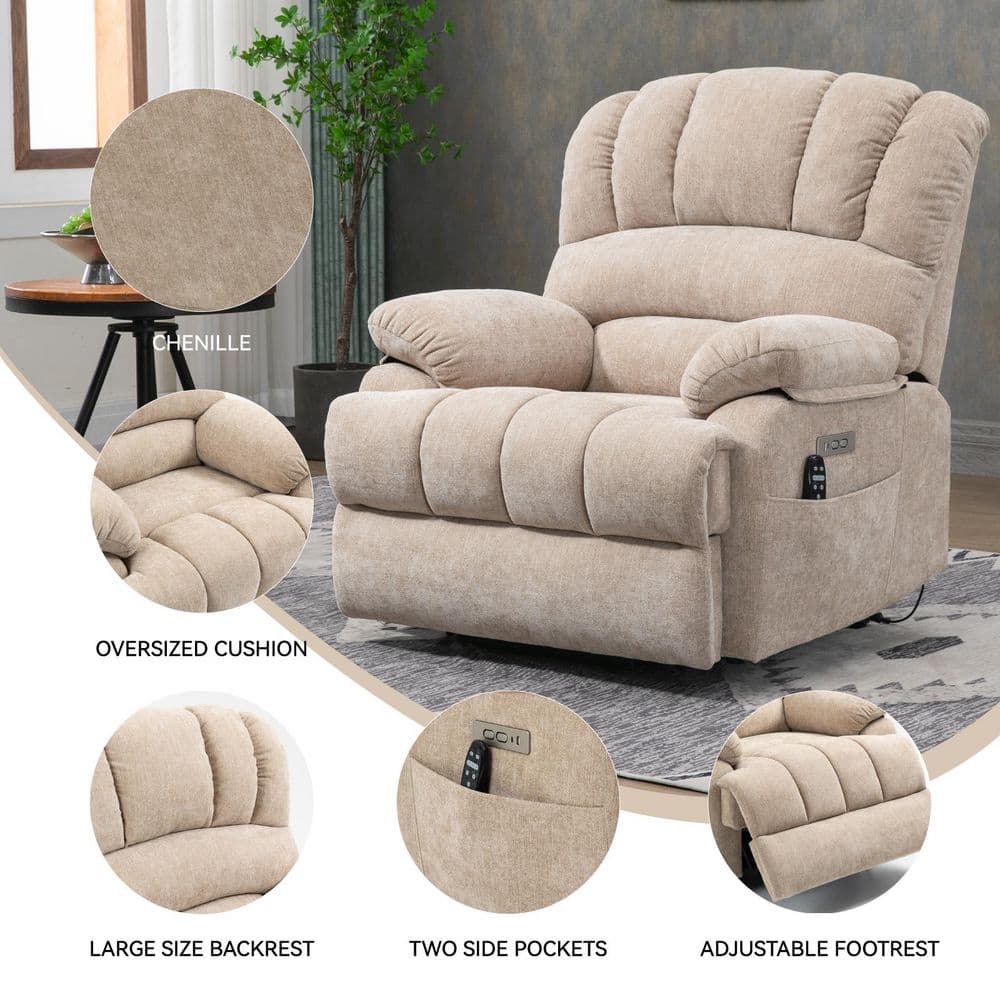 Beige power lift recliner chair with callouts for oversized cushion, backrest, side pockets, and footrest.