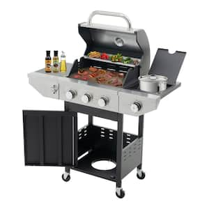 3-Burner Propane Gas Grill in Stainless Steel with Side Burner and Condiment Rack, and Built-in Thermometer