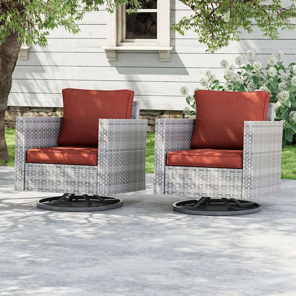 2-Piece Patio Furniture Conversation Set Gray Wicker Outdoor Rocking Chair Swiveling Set with Thick Cushion, Rust Red